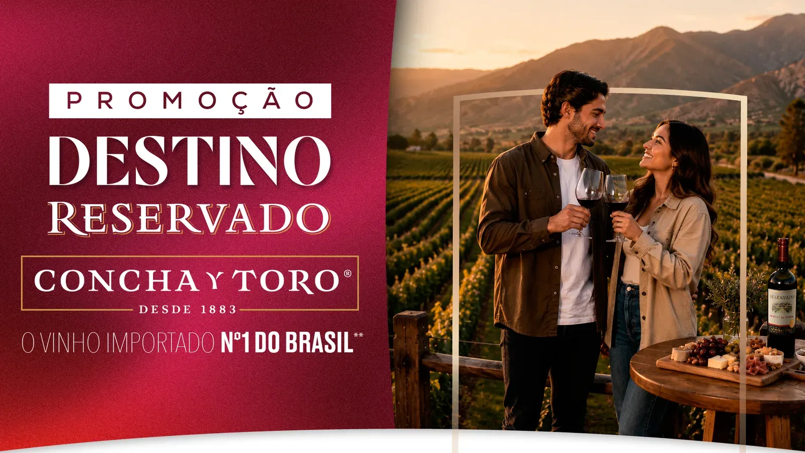 Banner da promoção da Concha y Toro com o kit de 52 garrafas Reservado e as viagens ao Chile