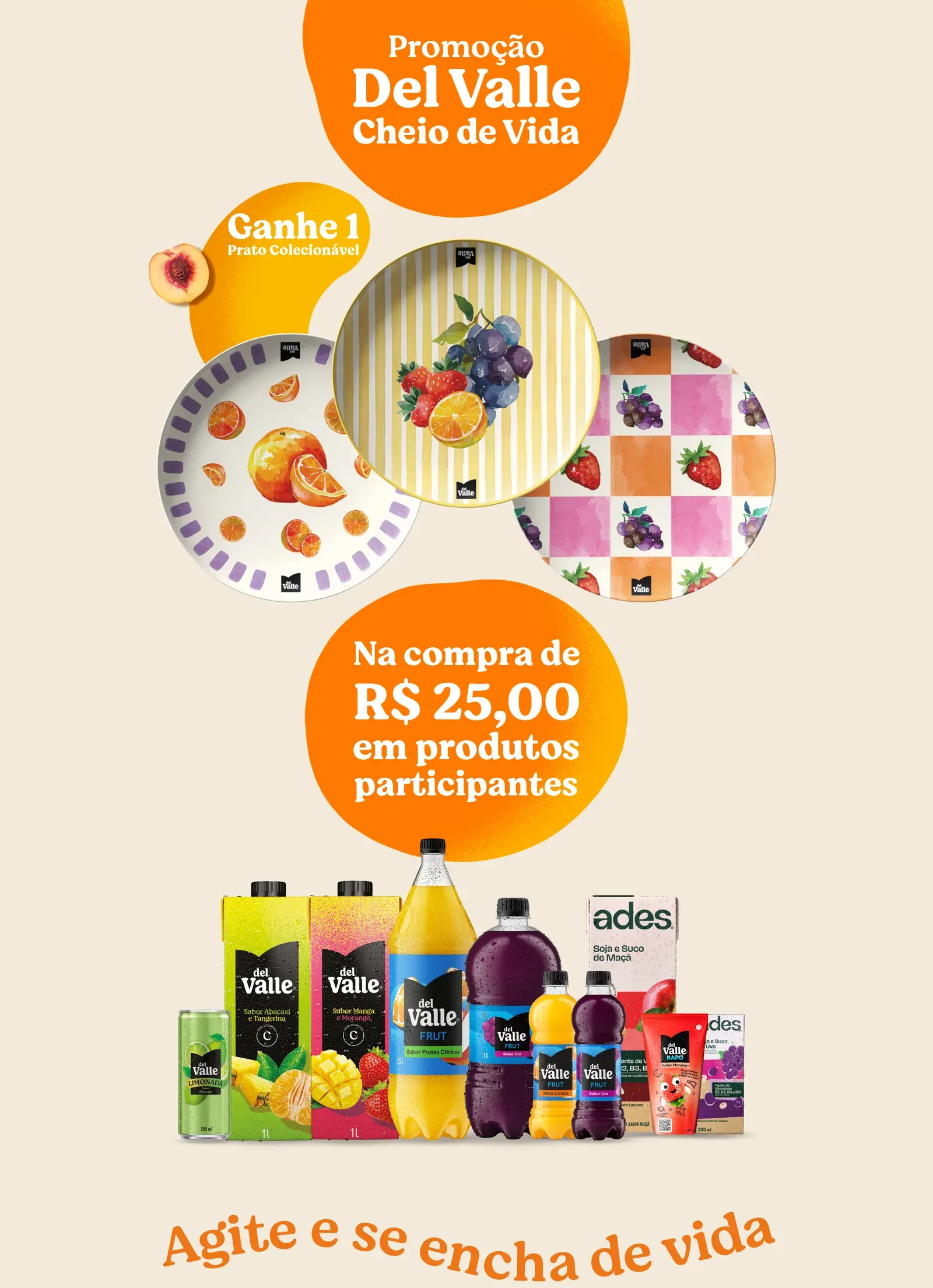 Banner da campanha Cheio de Vida da Del Valle com os pratos de sobremesa ilustrados