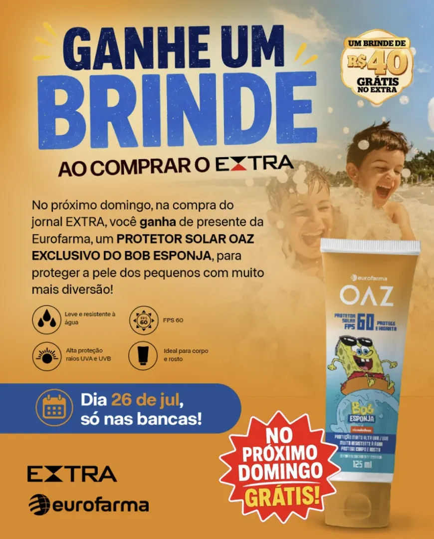 Banner da campanha do protetor solar OAZ com o Bob Esponja no Jornal EXTRA