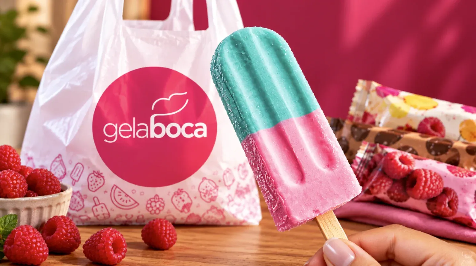 Ilustração de uma mão segurando picolé colorido ao lado da sacola da Gela Boca
