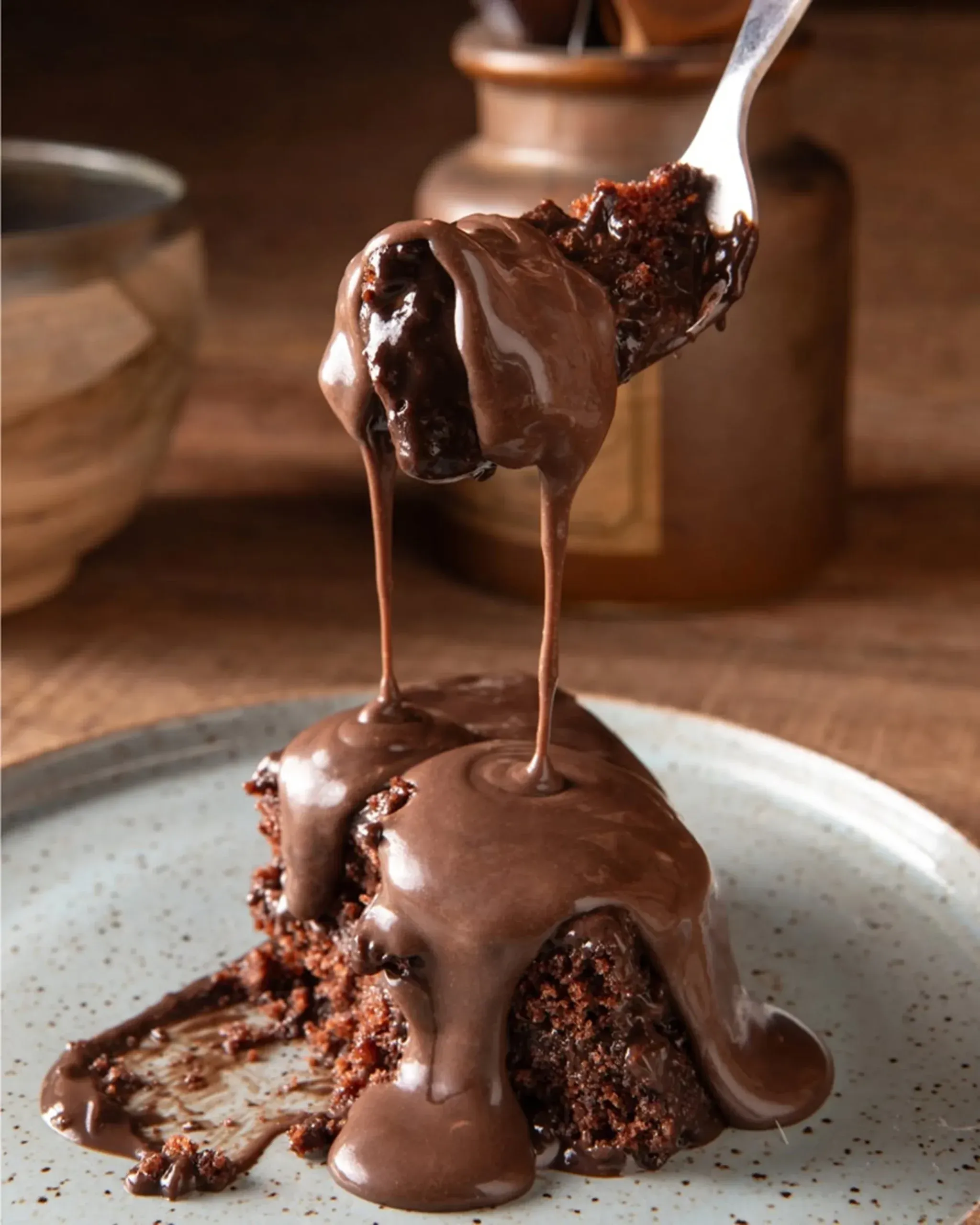 Fatia de bolo de chocolate da Lecadô com calda