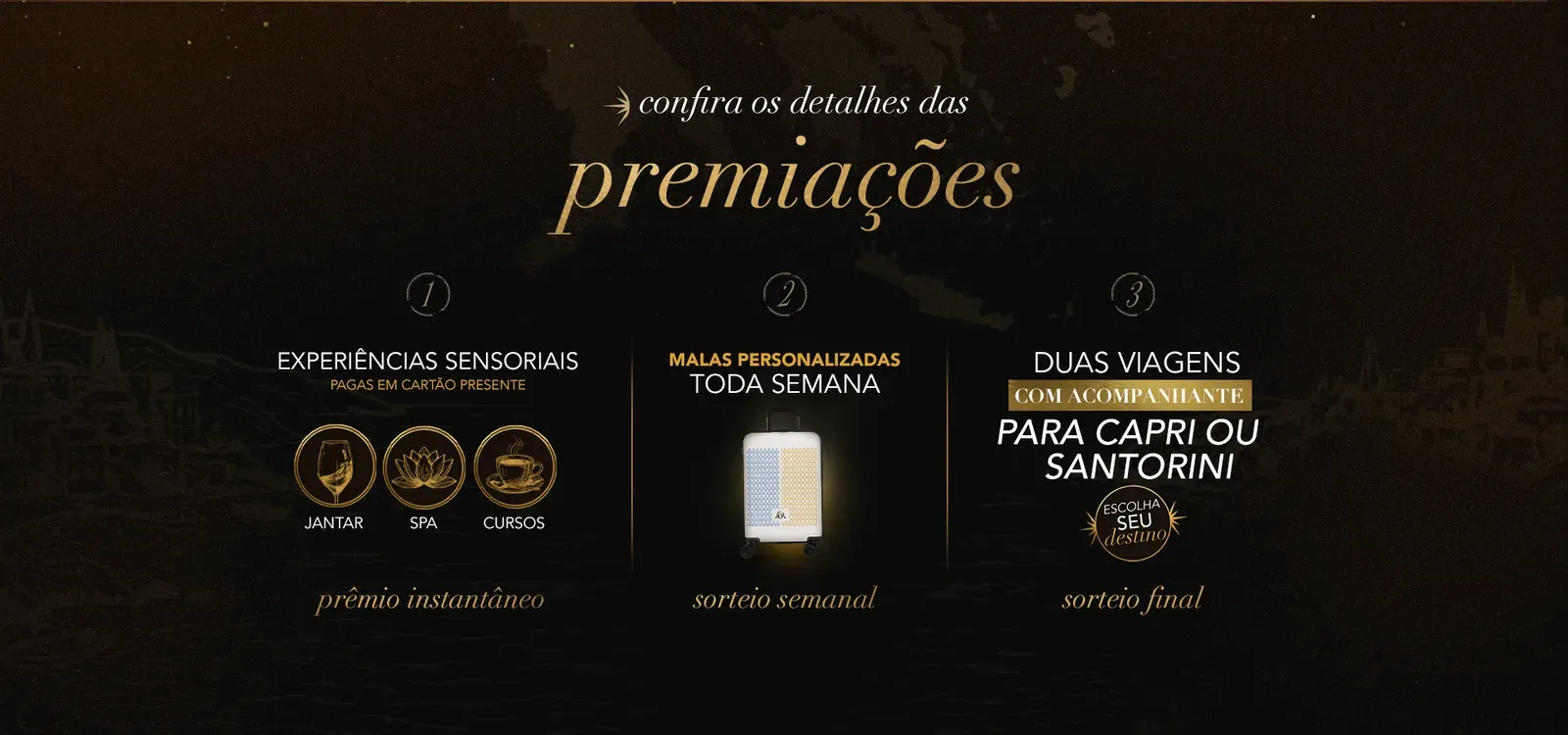Prêmios da promoção Seu Destino é L'OR: viagem a Capri ou Santorini, malas de bordo e vales de R$ 200