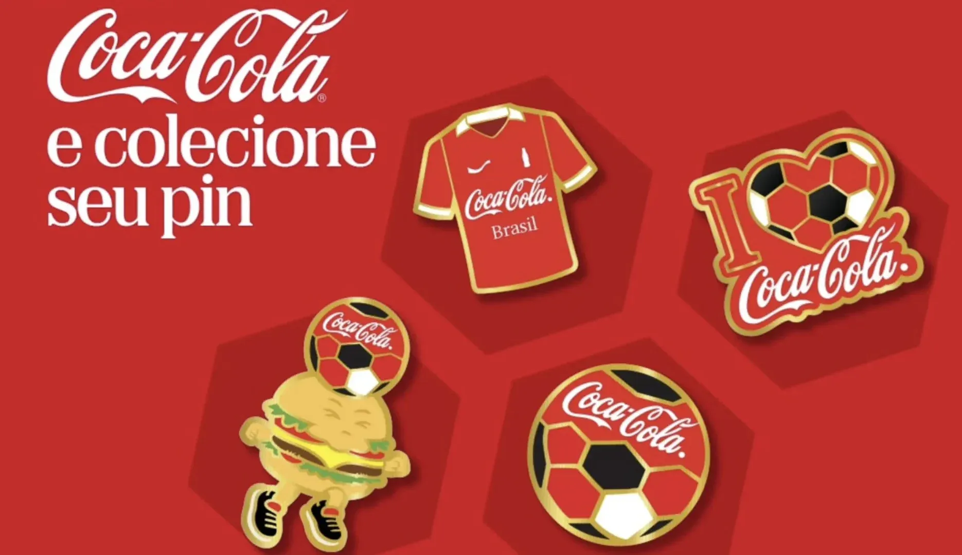 Quatro modelos de pins colecionáveis da Coca-Cola da promoção com a Patties